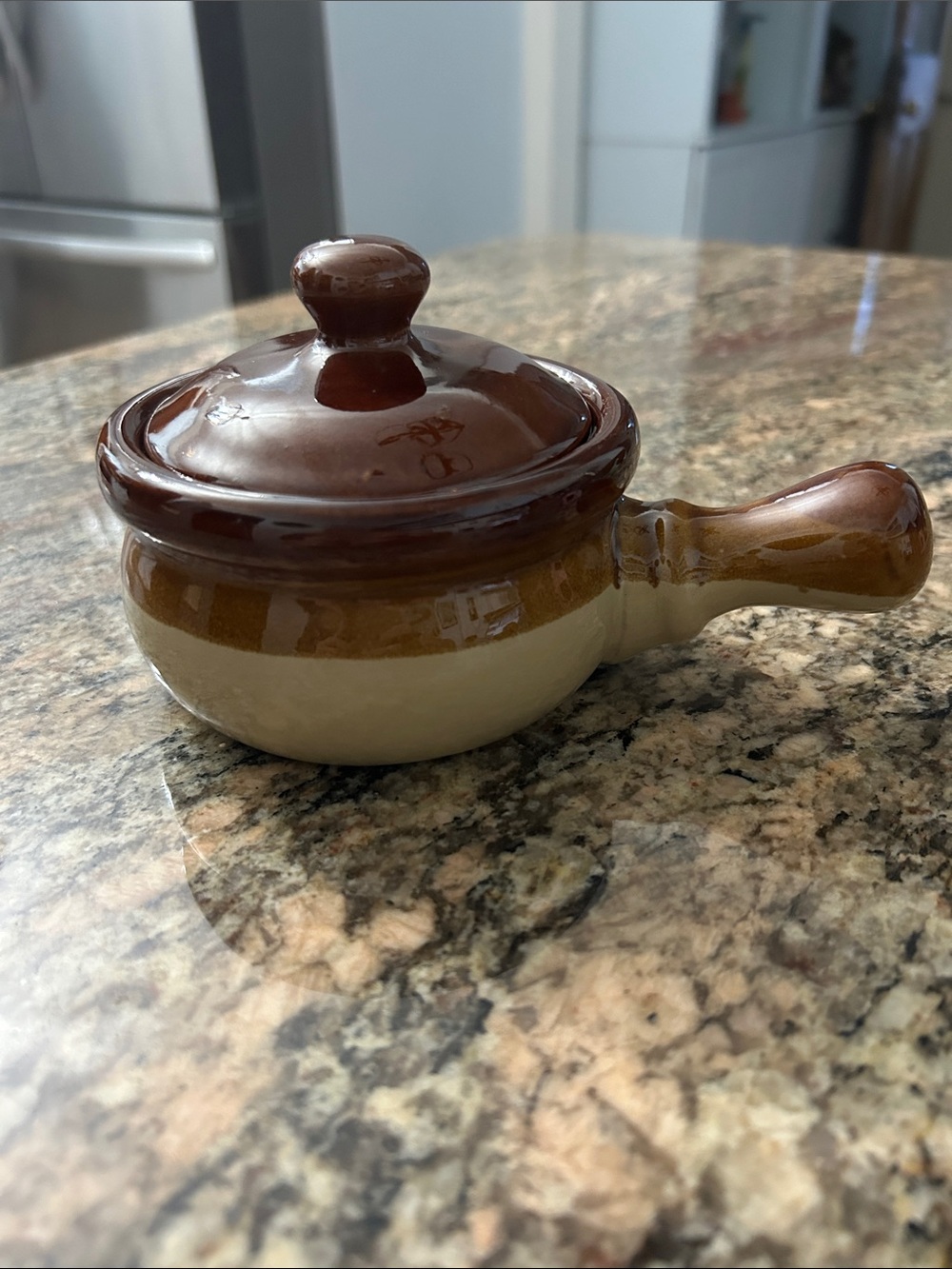 Stoneware Saucepan with Lid and Handle - Brown and Cream
